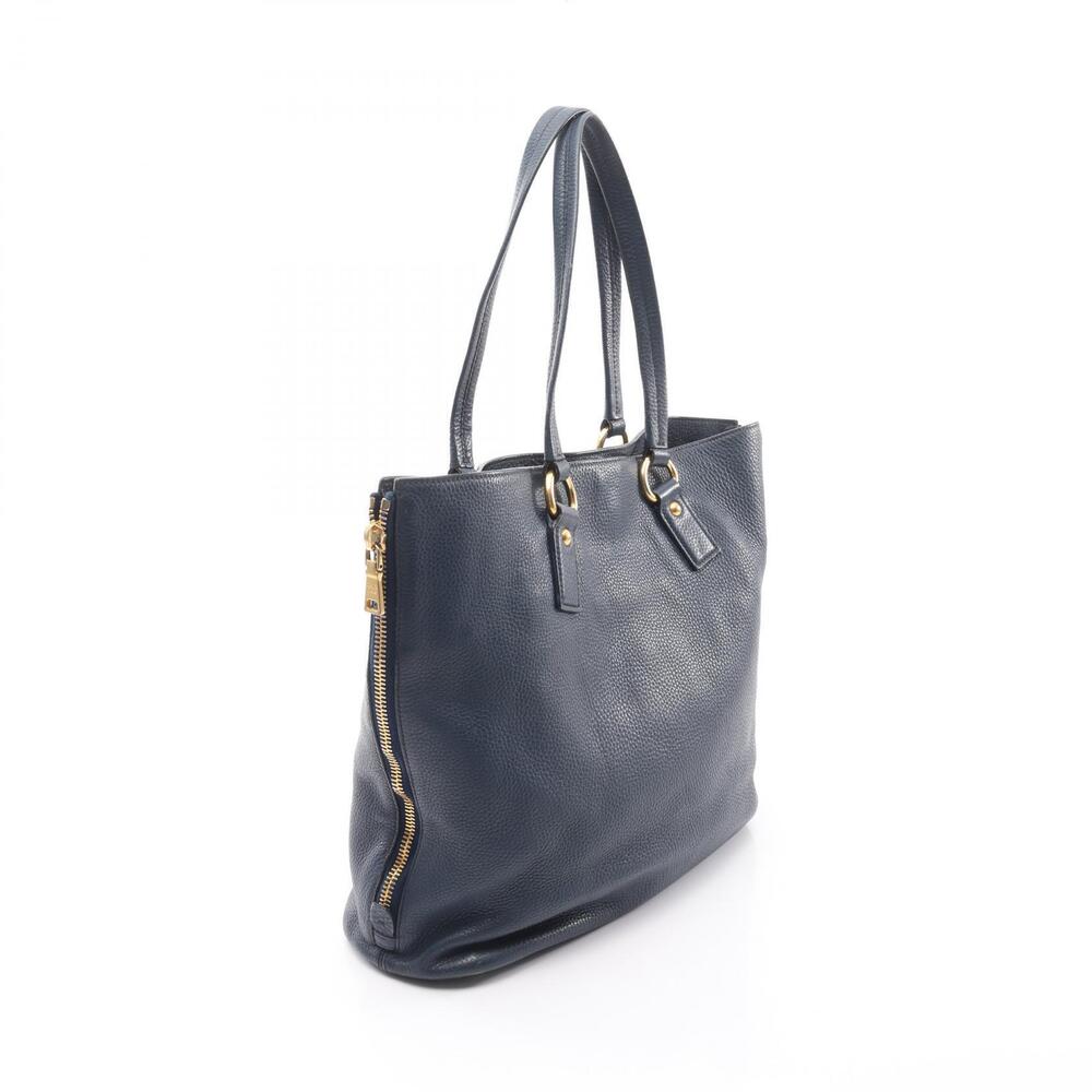 Prada Leather Tote Blue Bag Side Zip Navy Blue
